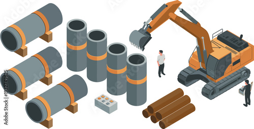 Isometric construction site with excavator, concrete pipes installation and industrial workers operating heavy machinery illustration