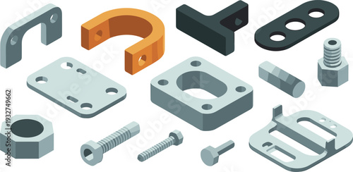 Isometric mechanical brackets and metal fasteners set, 3D industrial mounting plates, bolts and engineering hardware components