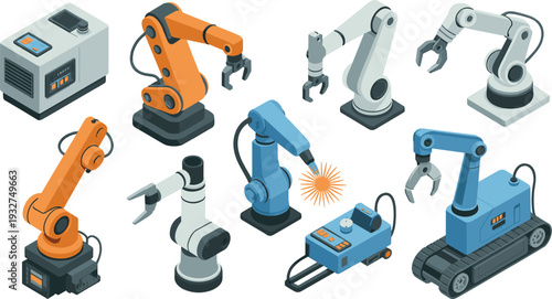 Isometric industrial robotic arm set, automated factory robot machines collection with mechanical arms isolated on white background illustration