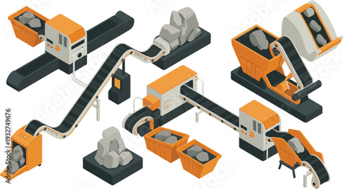 Isometric mining conveyor system set, stone crushing machine, industrial production line and quarry equipment illustration