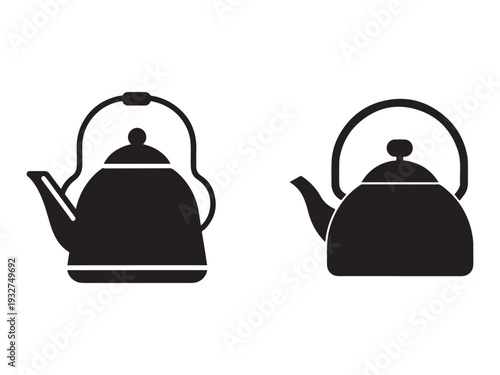 Two black silhouette teapots with lids and handles for tea or coffee on white background  kitchenware  home appliances