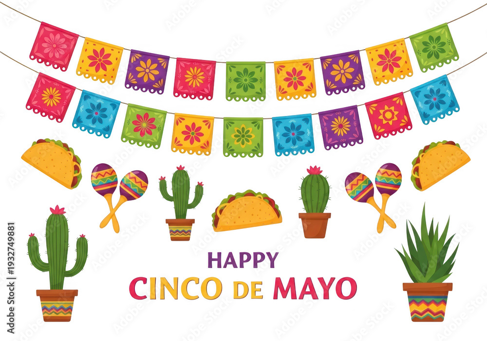 Fototapeta premium Happy cinco de mayo celebration with colorful decorations and traditional mexican symbols