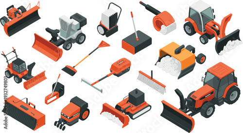 Isometric snow removal machinery collection, winter snowplow vehicles, snow blower equipment and hand tools isolated illustration set