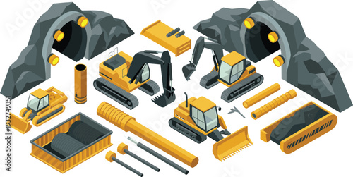 Isometric underground mining and construction machinery set, excavators, tunnel equipment and drilling tools industrial illustration collection