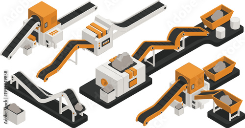 Isometric stone crushing production line, mining conveyor belts, quarry processing plant and industrial machinery illustration