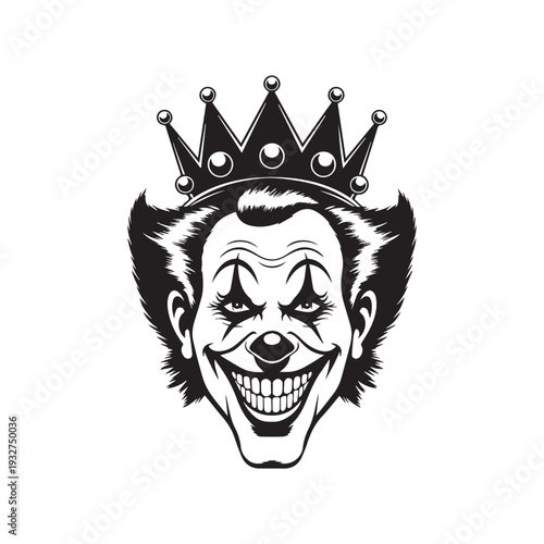Evil Gothic Clown King Wearing a Royal Crown Silhouette Vector Graphic Illustration. 