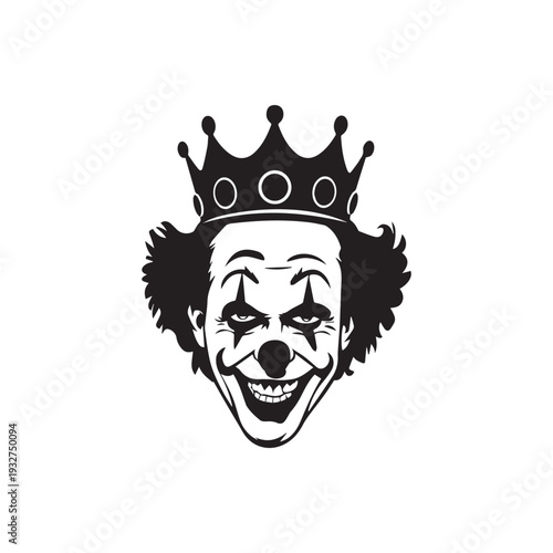 Evil Gothic Clown King Wearing a Royal Crown Silhouette Vector Graphic Illustration. 