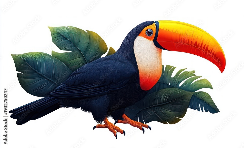 Obraz premium Serene toucan with vivid orange-yellow beak, dark plumage, white throat and orange cheek perched on bright orange feet against lush green tropical leaves, calm and majestic