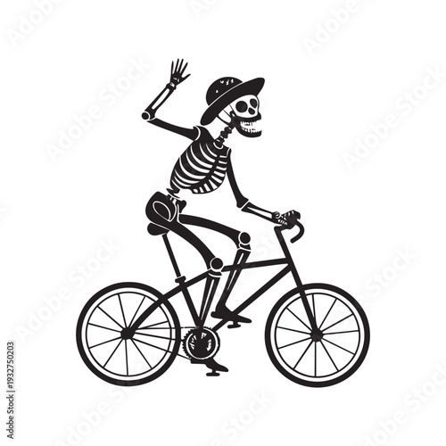  Skeleton Riding Bicycle Wearing Helmet Waving Hand Fun Spooky Cycling Silhouette Vector Illustration.