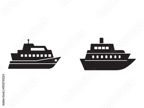 Two black silhouettes of different ferry boats side by side on white background  ships  vessels