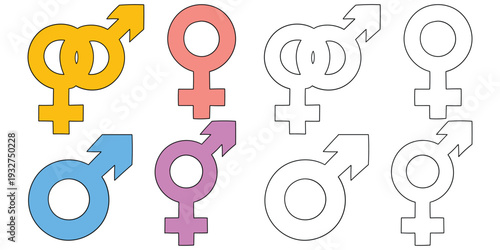 Hand-drawn cartoon and doodle set of gender equality icons on a white background.