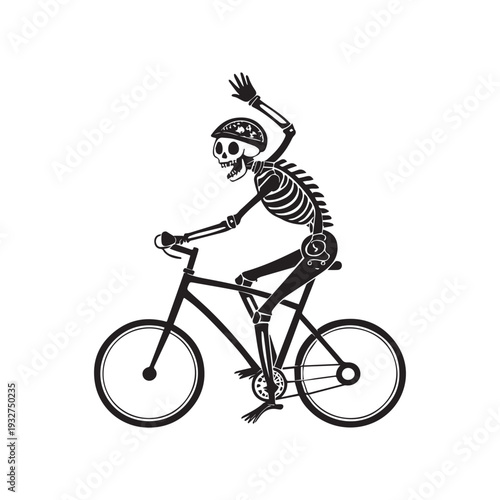  Skeleton Riding Bicycle Wearing Helmet Waving Hand Fun Spooky Cycling Silhouette Vector Illustration.