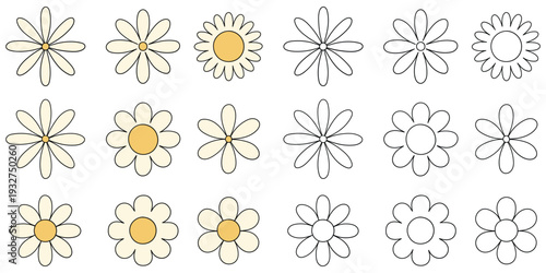 Hand-drawn cartoon and doodle set of chamomile daisy flowers on a white background.