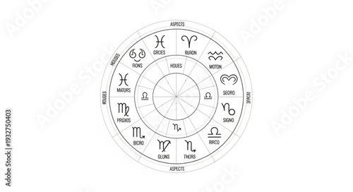 Astrological Zodiac Wheel Depicting Celestial Symbols and Astrological Signs.