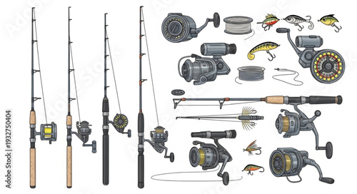 Collection of fishing rods and reels, essential equipment for angling activities.