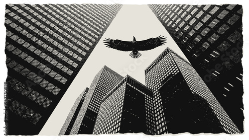 american eagle flying over urban skyscrapers in business district, downtown vintage halftone cityscape, symbolic illustration