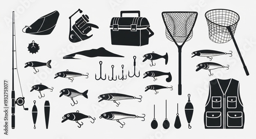 Fishing Gear Collection - Rods, Reels, Tackle Boxes, Nets, and Fish Silhouettes.