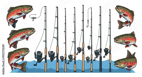 Fishing rods and trout fish arranged in a row, ready for angling.