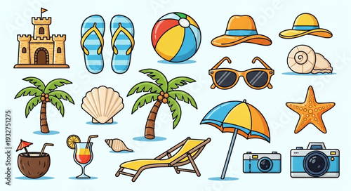 Collection of summer beach vacation elements, perfect for travel and leisure themes.