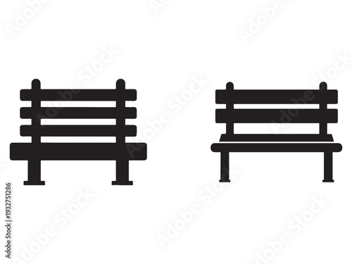 Two black silhouettes of wooden benches with backrests in different perspectives  one facing forward and the other at an angle  isolated on white background