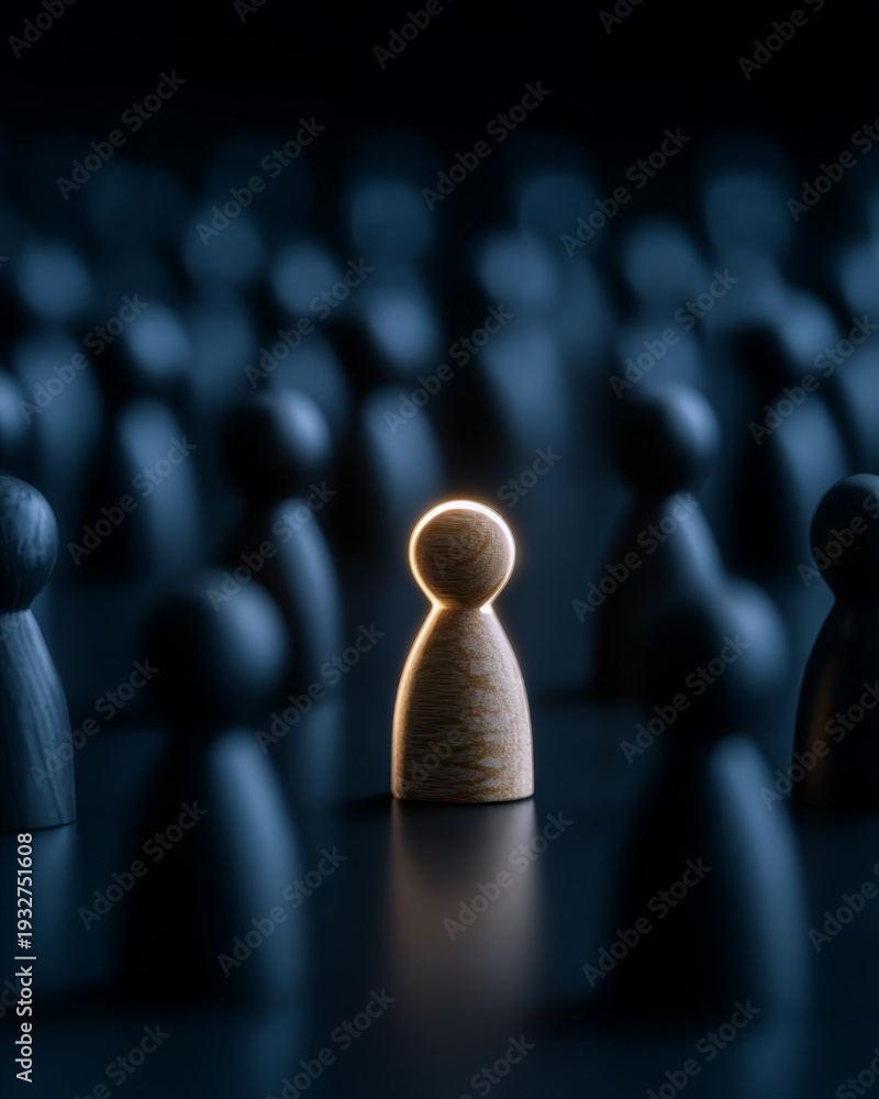 Fototapeta premium Networking meeting collaboration and teamwork are highlighted in background with blur effect as leadership stands out through surreal wooden figurine glowing with confidence