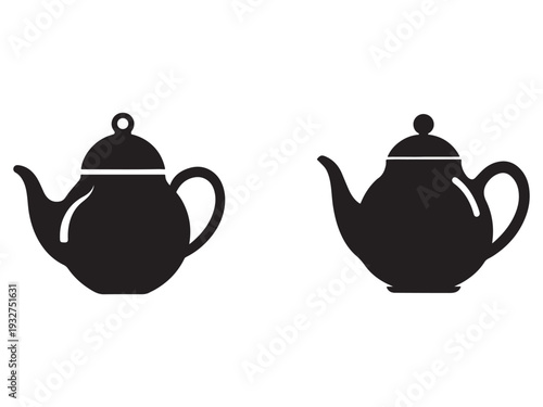 Two black teapot silhouettes with lids and handles on white background  tea pots with different shapes and sizes