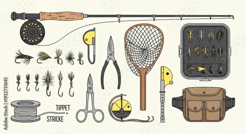 Fly fishing gear assortment - rod, reel, flies, net, and tackle box.