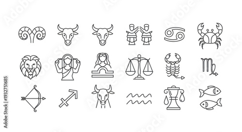 Zodiac signs illustration in a line art style, perfect for astrology and horoscopes.