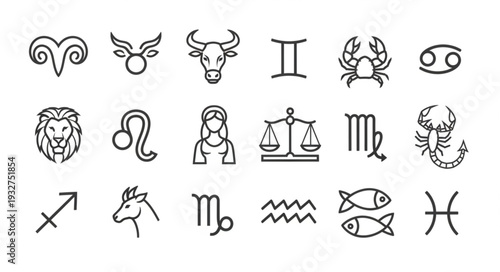 Zodiac signs symbols in a row, representing astrology and the cosmos, all in a line.