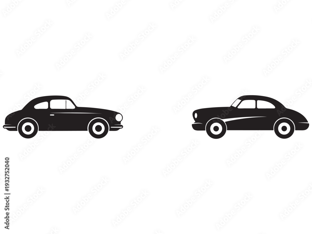 Fototapeta premium Two black vintage cars side by side on white background classic automobiles facing opposite directions