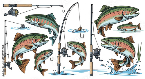 Artistic illustration of rainbow trout fish and fishing rods in action.