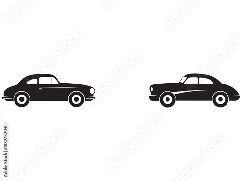 Two black vintage cars side by side on white background  classic automobiles facing opposite directions