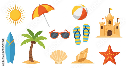 Collection of summer beach elements, perfect for vacation and holiday designs.