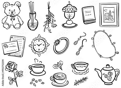 かわいい手描きのカフェイラスト　線画