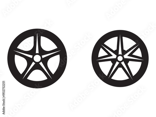 Two black wheel icons with five and six spokes on white background  wheel designs for interface navigation  circular symbols for user experience