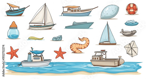 Collection of various boats and marine life illustrations on white background.