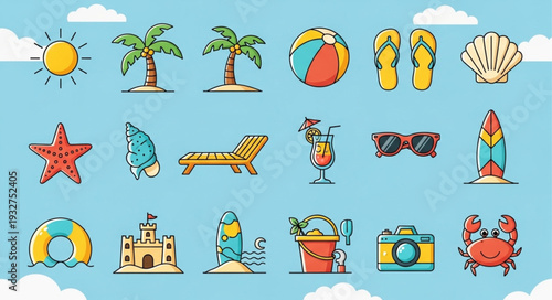 Collection of colorful summer beach icons and symbols on a blue background.