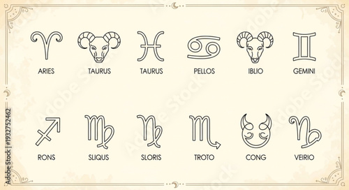 Zodiac signs illustration on a beige background, representing astrology and horoscopes.