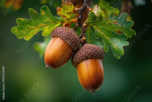 Acorns is hanging from an oak tree branch. Ripe brown acorn bunch. For Harvest, Thanksgiving. Acorn nuts and leaves outdoors during autumn. Beautiful autumnal colors. Closeup fruit. Natural background