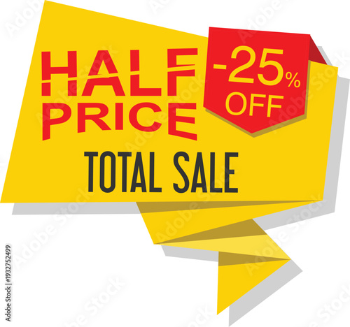 A yellow and red sale sign with a discount offer