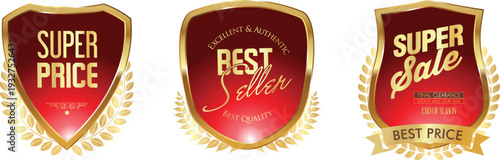 Three gold and red super sale and best price badges
