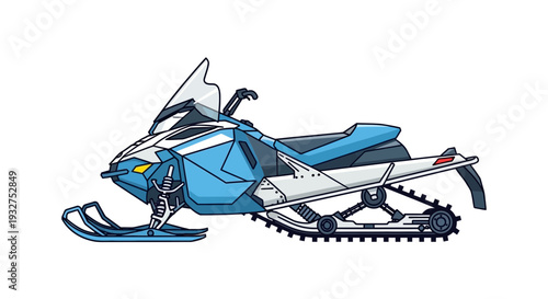 Blue and white snowmobile on a white background
