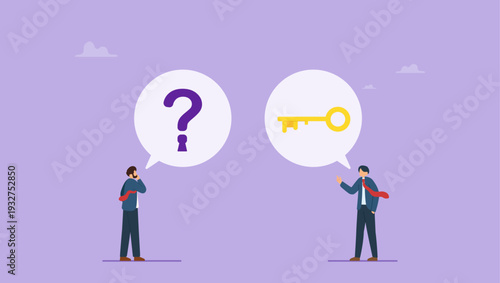 Businessman with a key opens a keyhole at a question mark. Key to unlock answer for problem and questions concept, solution solve problem.