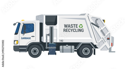 Garbage truck with recycling logo, isolated on white background