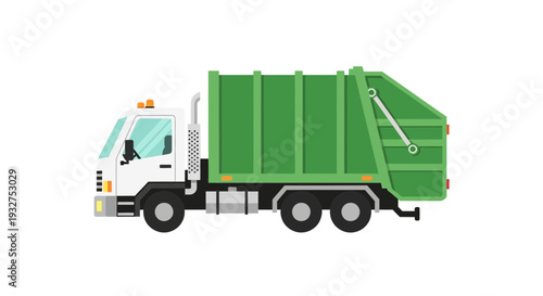 Green garbage truck isolated on white background, side view illustration