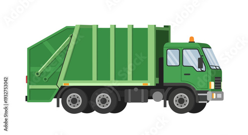 Green Garbage Truck on White Background