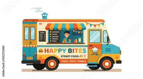 Happy Bites food truck with colorful design and smiling vendor