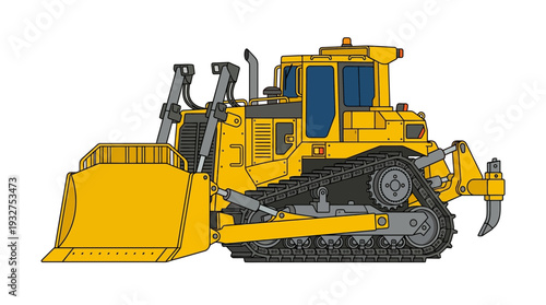 Yellow bulldozer construction vehicle with tracks and front blade on white background