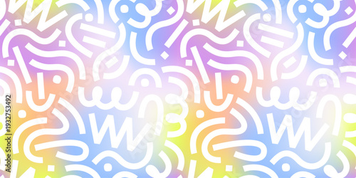 Seamless mesh gradient memphis pattern with white abstract squiggles and soft pastel holographic blur. Trendy retro background for wallpaper, textiles, packaging, stationery, posters, and banners.