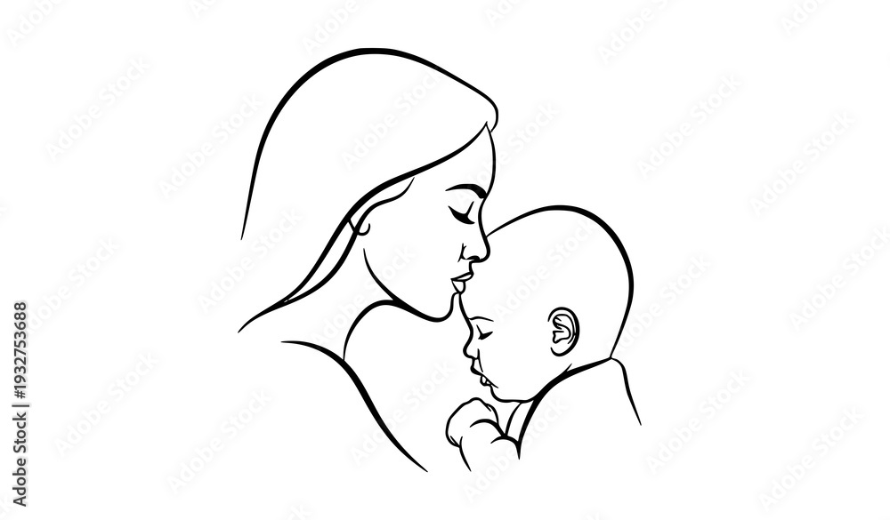 Obraz premium Mother kissing baby silhouette line art vector design